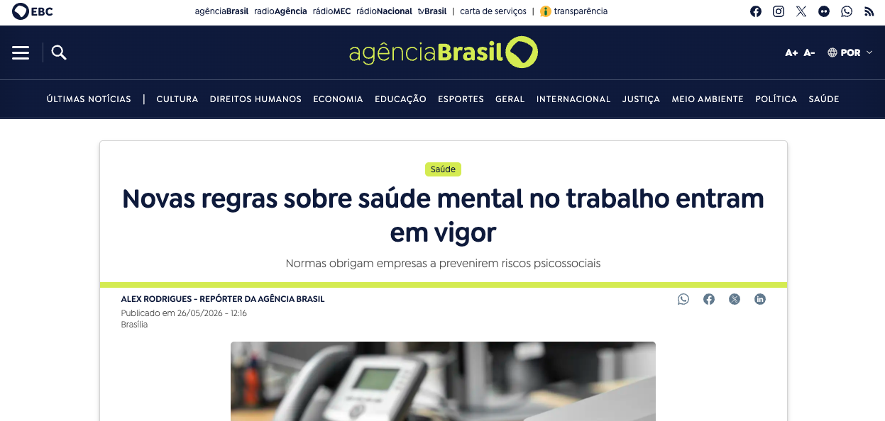 Reportagem da Agência Brasil sobre as novas regras de saúde mental no trabalho