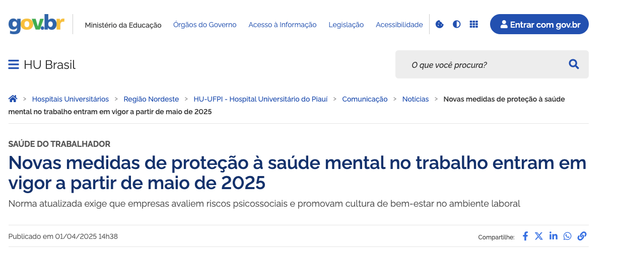 Publicação do gov.br sobre proteção à saúde mental no trabalho